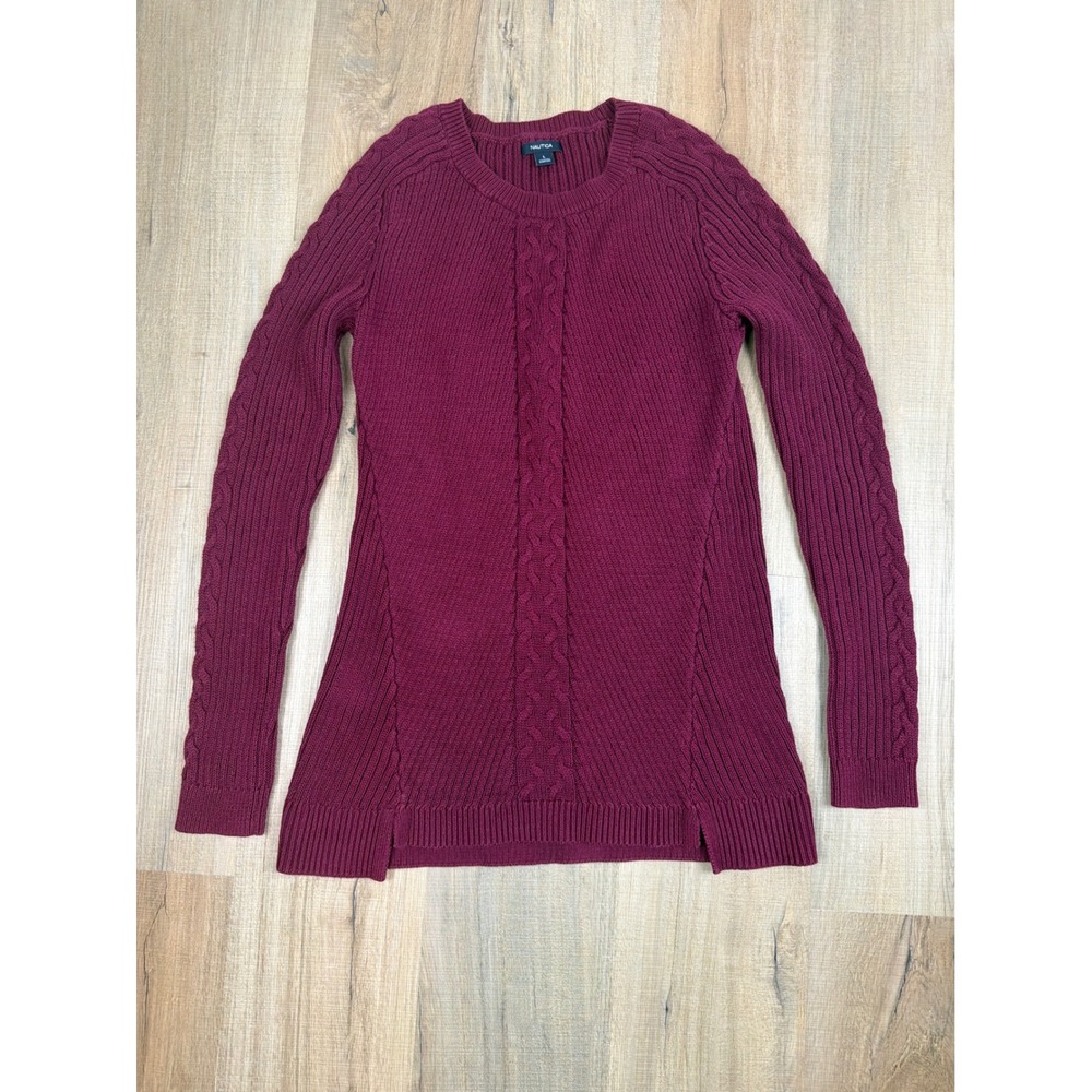 Nautica Womens Burgundy Cable Knit Ribbed Cotton Sweater Large 51480S